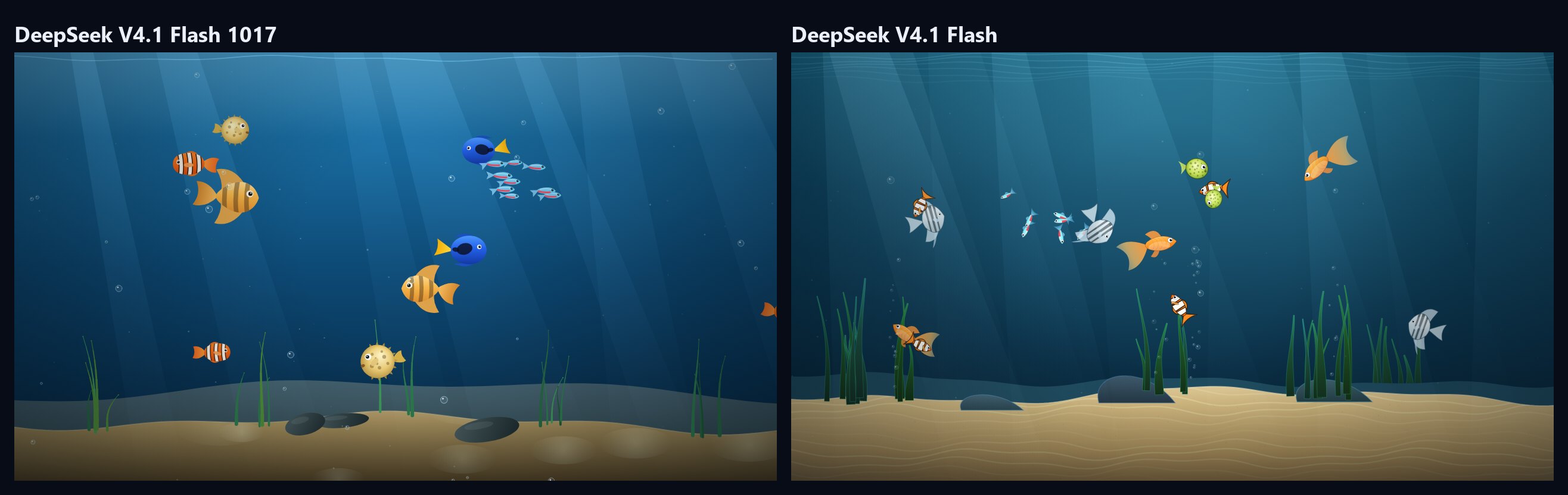Two animated aquarium scenes side by side, built by DeepSeek V4.1 Flash 1017 and DeepSeek V4.1 Flash