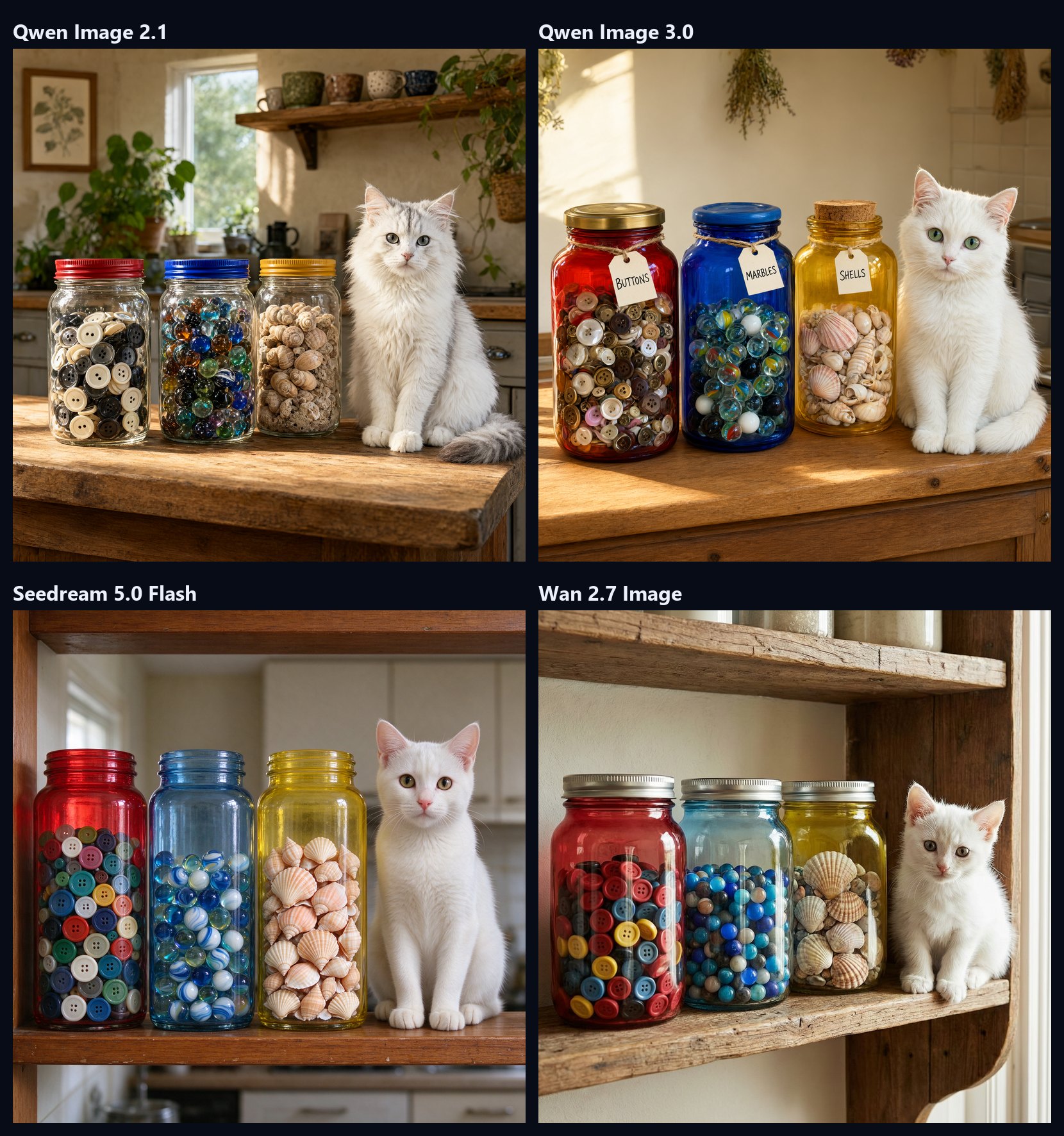 Four images of red, blue and yellow jars of buttons, marbles and seashells with a white cat, one from each model