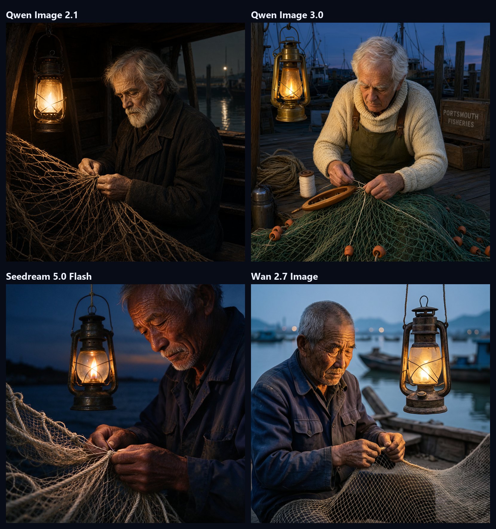 Four photographs of an elderly fisherman mending a net by lantern light, one from each model