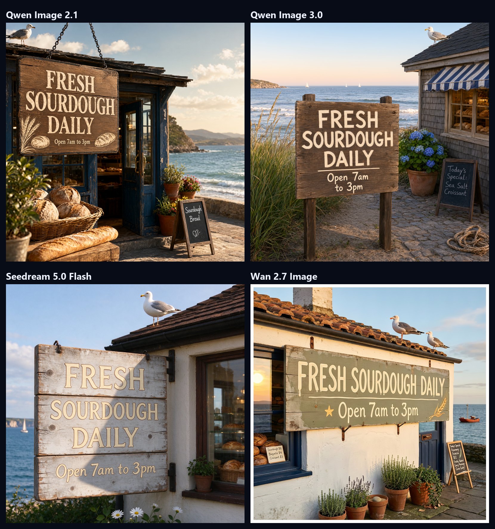 Four bakery signs reading FRESH SOURDOUGH DAILY and Open 7am to 3pm, one from each model