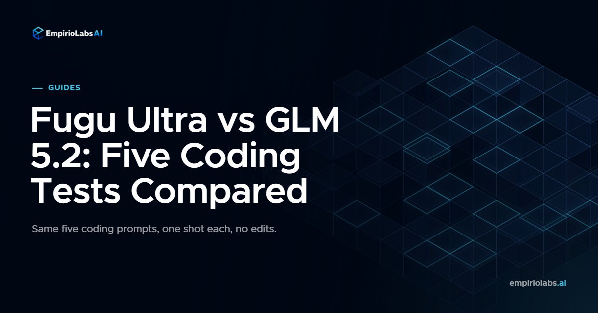 Side by side coding test: Fugu Ultra and GLM 5.2 each rendering a plasma effect from a single HTML file, on EmpirioLabs.