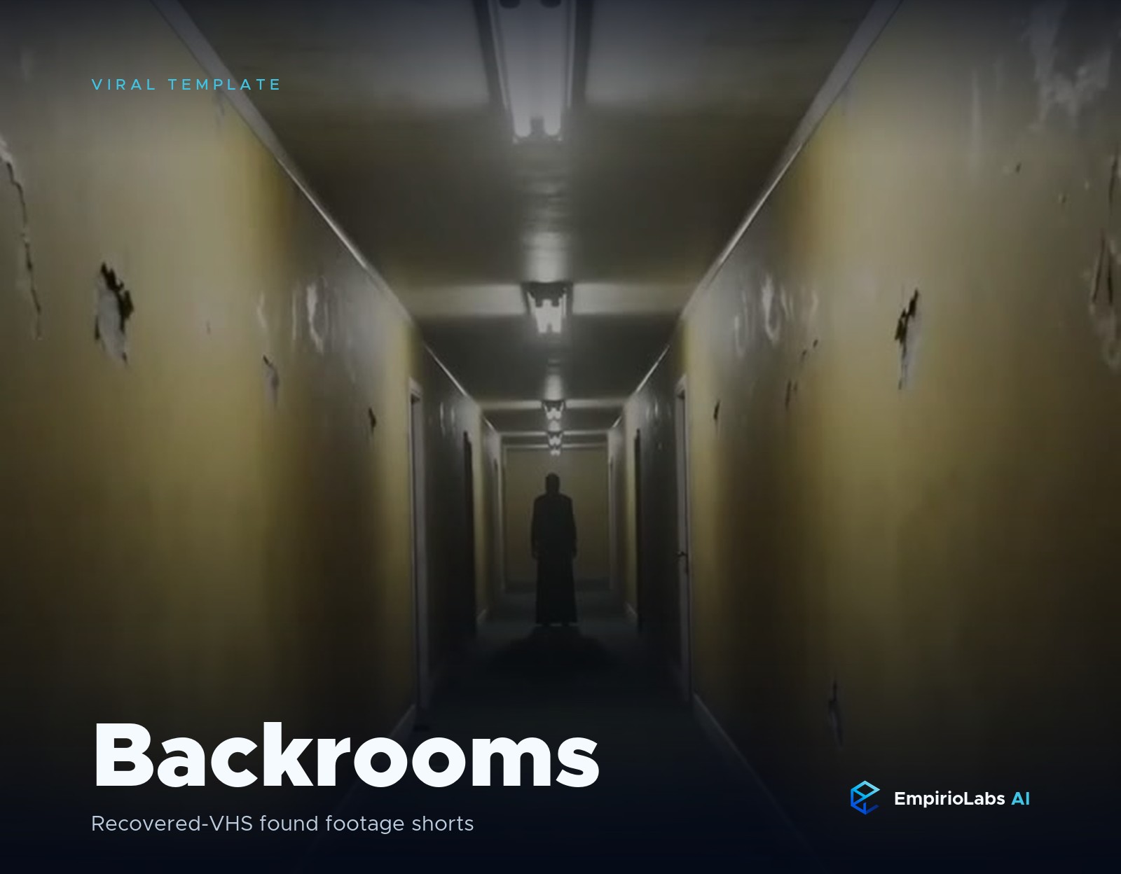 Backrooms template cover: a dark figure at the end of an endless yellow hallway on recovered VHS footage