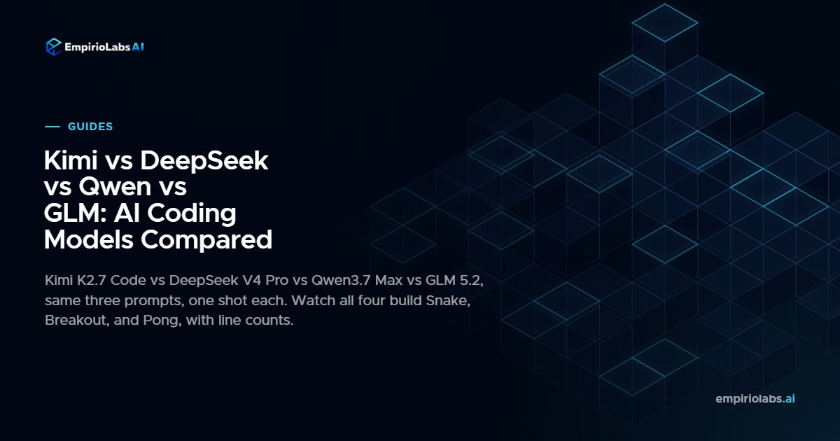 Four way coding test: Kimi K2.7 Code, DeepSeek V4 Pro, Qwen3.7 Max, and GLM 5.2 each rendering a self-playing Breakout game from a single HTML file.