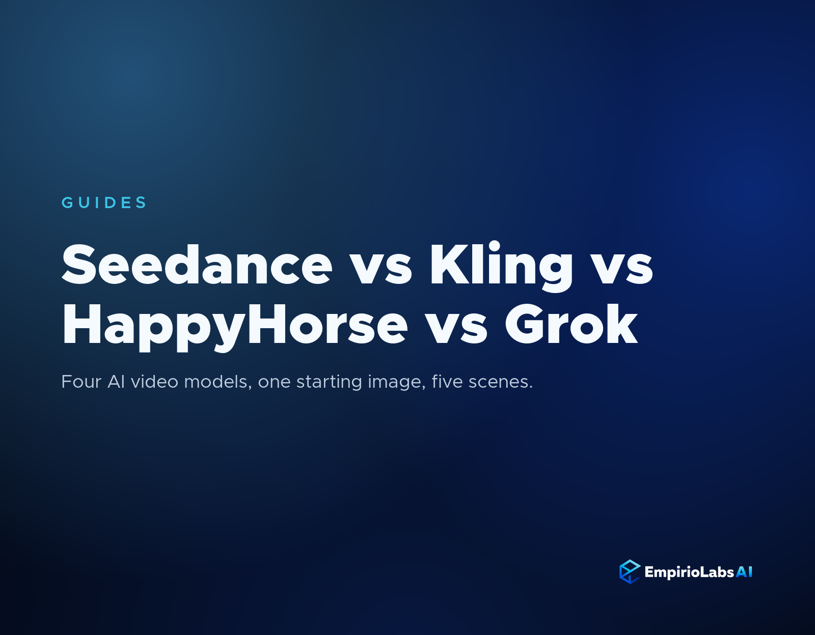Four way image to video comparison: a cheetah sprint animated by Seedance 2.0 Pro, Kling 3.0 Turbo, HappyHorse 1.0, and Grok Imagine Video 1.5 from the same starting frame.